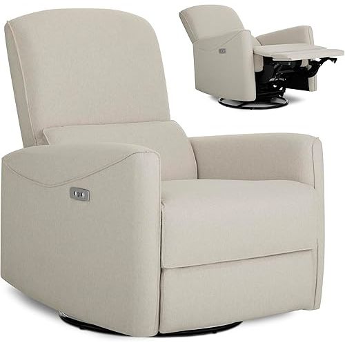 Evolur Belmont Nursery Glider Chair with Massager in Light Sand, Power Recliner with 275° Swivel, Lumbar Support Modern Rocking Chair for Baby Room, Nursery & Living Room