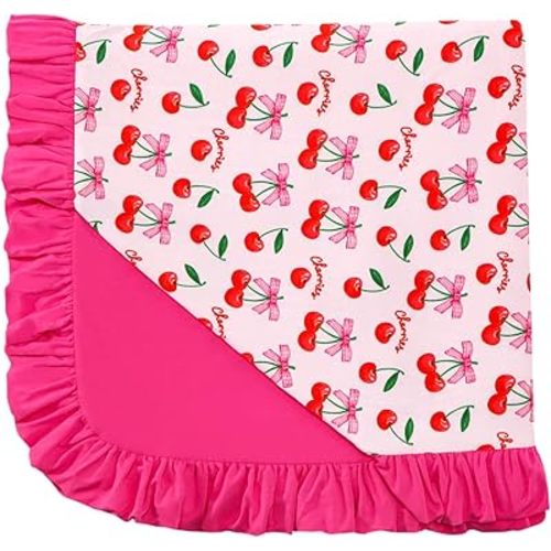 DREAMHALO Premium Baby Blankets, Soft Viscose from Bamboo Blanket for Girls, Nursery Crib Bedding Quilt for Newborn and Toddler, Ruffle Blanket Cooling for Hot Sleepers, 50''x50'' Sweet Cherries
