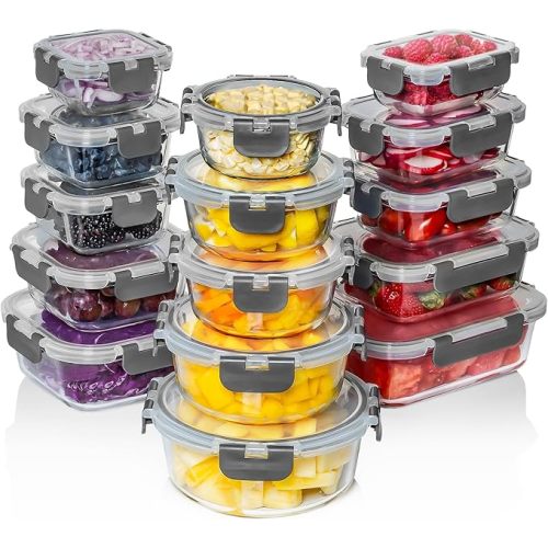 Razab 30 PC Glass Food Storage Containers with Lids - Reusable Glass Meal Prep Containers for Lunch and Leftovers - Airtight & Leakproof Snap Locking Lids - Oven, Freezer, Microwave, Dishwasher Safe