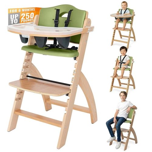 Abiie Beyond Junior Wooden High Chair for Babies and Toddlers - Convertible 3-in-1 Baby Highchair - Natural Wood/Olive Cushion