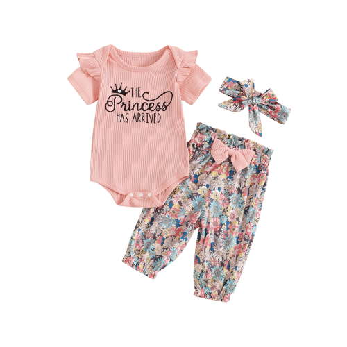 Suealasg Baby Girls 3Pcs Summer Outfits Short Sleeve Round Neck Letter Print Romper +Floral Pants+Headband Set 3 6 Months Newborn Girls Clothes