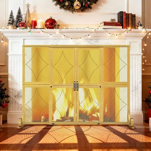 Fireplace Screen with Sliding Doors, 37.8" W x 30.7" H Gold Modern Wrought Iron Spark Guard Cover for Christmas Decorative, Baby and Pet Proof, Large