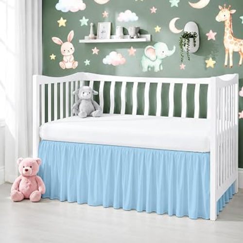 Cotton Crib Bed Skirt Dust Ruffle with Split Corners, 14" Drop, Light Blue