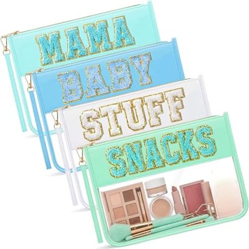 4 Pcs Mama Baby Snacks Stuff Clear Pouch Set, Chenille Letter Diaper Bag Organizer Pouches, Transparent Travel Toiletry Makeup Bags for New Mom Baby Shower