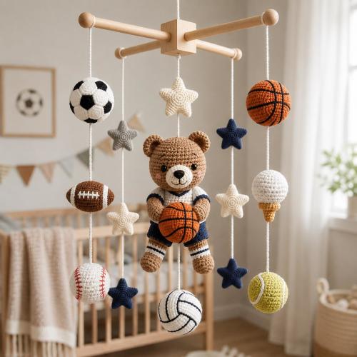 Handmade Crochet Sports Baby Mobile, Bear, Basketball, Football Nursery Decor