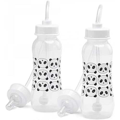 Hands-Free Baby Bottle - Anti-Colic Nursing System 9 oz Baby Bottle with Fast Flow Nipple/Teat 3m+ with Tube Straw Feeding System for Toddler (2 Bottles - Panda)