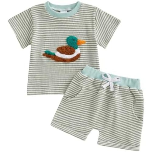 Bagilaanoe Toddler Baby Boy Clothes 3 6 12 18 24 Month 2T 3T Summer Outfit Waffle Striped Short Sleeve T-Shirt Shorts Set