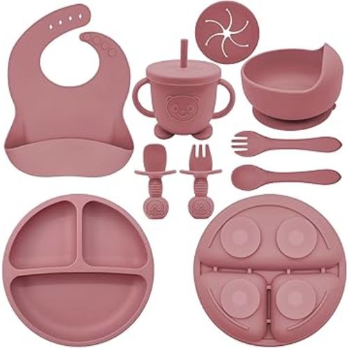 Silicone Baby Feeding Set | Baby Led Weaning Supplies Includes Suction Bowls and Divided Plates, Adjustable Bib, Baby Utensils Spoons and Forks,Cup | Baby Feeding Essentials (Red)