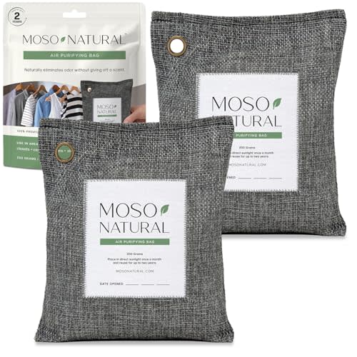 Moso Natural Air Purifying Bag 200g (2 Pack) Bamboo Charcoal Odor Absorber for Home & Car | Closet Odor Eliminator, Small Room Deodorizer & Car Air Freshener | Long Lasting Charcoal Bags Cover 90sqft
