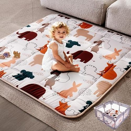 TILLYOU Waterproof Baby Play Mats for Floor, 50x50 Playpen Mat, Playmats Extra Thick for Babies and Toddlers, Foldable Baby Crawling Mat for Playpen, Forest Animals