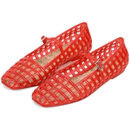 Jelly Mesh Ballet Flats for Women Hollow Square Toe Jelly Sandals Beach Ballerina Flats Summer Cute Mary Jane Shoes