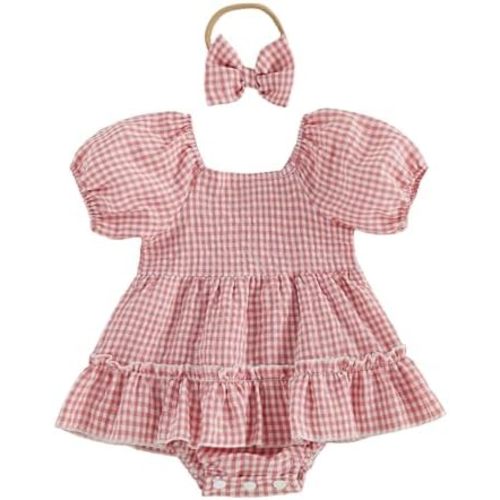 Kavousa Baby Girl Summer Outfits Newborn Flower Embroidered Eyelet Ruffled Hem Short Sleeve Romper and Bow Headband Set