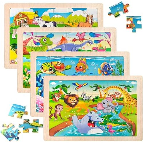 4 Pack Wooden Animal Jigsaw Puzzles for Kids Age 3+ Puzzles Gift