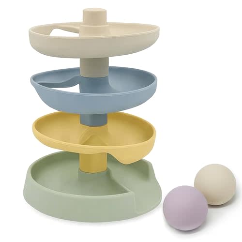 Little Rawr Silicone Ball Drop Tower Toy for Toddlers, 4-Tier Rolling Ramp Track with Wooden Balls, Soft Food-Grade Silicone Montessori Toy for Early Learning, Fine Motor Skill Development, Ages 1–3
