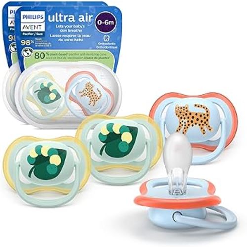Philips Avent Ultra Air Pacifiers - Orthodontic Design, for Babies 0-6 Months, Soft Silicone Symmetrical Nipple, BPA-Free, 2 Sterilizing Cases, 4 Pack, SCF087/19