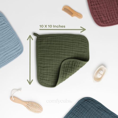 Baby Washcloths, Muslin Cotton Baby Towels, Large 10”x10” Wash Cloths Soft on Sensitive Skin, Absorbent for Boys & Girls, Newborn Baby & Toddlers Bibs & Burp Cloths Essentials Set (Kelp, Pack of 6) - 6-Pack 10"X10"