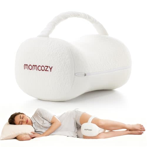 Momcozy Knee Pillow for Side Sleepers, Soft Memory Foam & Pinch-Free Design, Relieve Knee, Leg and Sciatica Pain, Adjustable Elastic Strap Ideal for Pregnant Women and Seniors, White