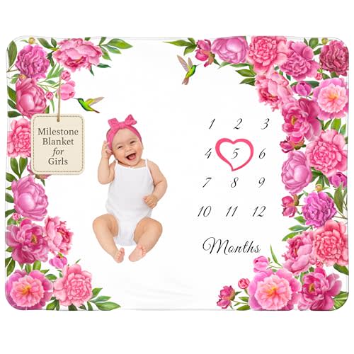 KEMINA BLANKETS Floral Baby Milestone Blanket for Girls - Includes Headband, Frame, and Personalized Board, Monthly Milestone Blanket for Baby Girl, 50x40