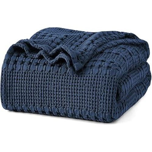 PHF 100% Cotton Waffle Weave Blanket Twin Size for Bed, Soft Lightweight & Breathable, All-Season Comfort, Luxury Aesthetic Woven Bedding for Home Decor, 66"x90", Blue Sapphire