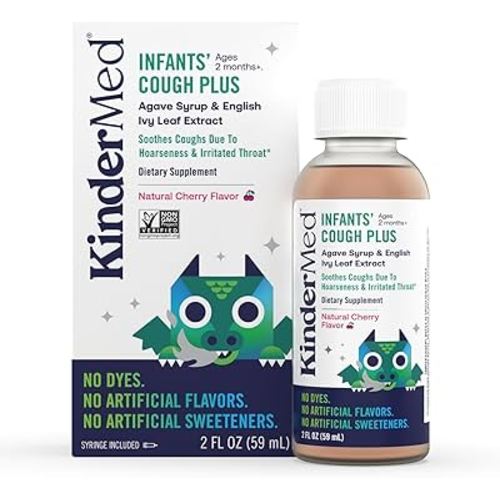 KinderMed Infants' Daytime Cough Plus, Organic Agave Syrup and English Ivy Leaf Extract, No Dyes, No Artificial Flavors or Sweeteners, Non-GMO, for Babies 2 Months+, Natural Cherry Flavor (2 Fl Oz)