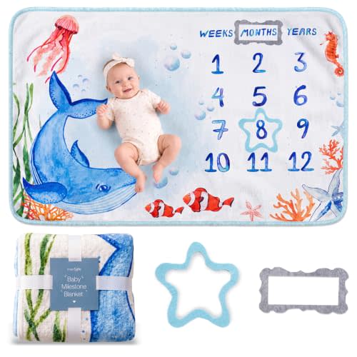 Baby Milestone Blanket| Original Design Baby Monthly Milestone Blanket Boy Girl|Baby Photography Props Blanket| 60'x40' Ocean World