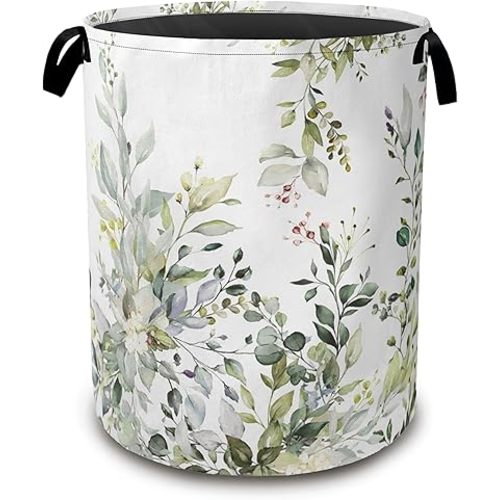 Laundry Basket,Sage Eucalyptus Collapsible Laundry Baskets, Green Leaves Waterproof Hamper with Handles for Bathroom Bedroom Nursery Home Storage16"x20"