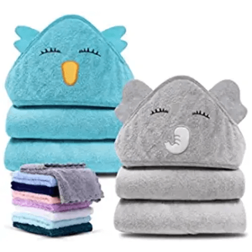 Cute Castle 2 Pack Bamboo Hooded Baby Towel 8 Washcloths - Soft Bath Towel for Bathtub for Newborn, Infant - Ultra Absorbent, Natural Baby Stuff for Boy and Girl (Lovely Elephant, Happy Bird) - Elephant and Bird