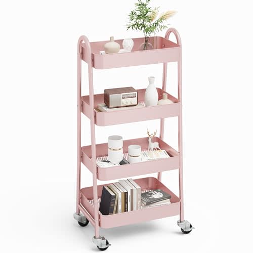 NEWBULIG 4-Tier Metal Rolling Storage Utility Cart with Lockable Wheels | Mobile Organizer Shelf, Space-Saving, Freestanding, Bathroom, Living Room, Slim, Narrow Corner Spaces, Pink