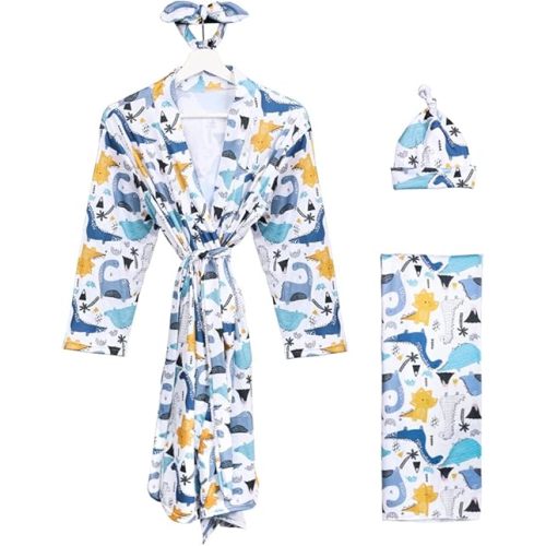 Mommy and Me Robe and Swaddle Set Floral Maternity and Baby Matching Delivery Blanket Headband for Mom Girl Boy 4pcs