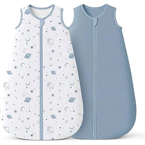 Konssy Muslin Baby Sleep Sack 6-12 Months 0.8 TOG, 2 Pack 100% Cotton Wearable Blanket for Babies, 2-Way Zipper Breathable Sleeping Sack Infant Toddler Essentials for Girls and Boys (Star, Blue)