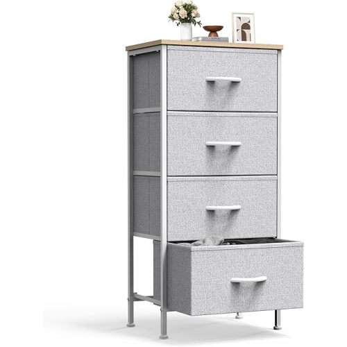Sweetcrispy Nightstand Small Bedroom Dresser with 4 Fabric Drawers,Bed Side Furniture End Table,Wooden Top Cabinet Night Stand Dresser for Closet,Entryway,Dorm,Light Gray