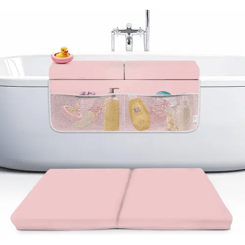 Memory Foam Bath Kneeler and Elbow Rest Pad Set, 2-Inch Thick, Water-Resistant Mat – Baby Bath Time Essentials Cushion and Bath Kneeling Pad for Bathing Baby with Bathtub Toy Organizer (Pink)