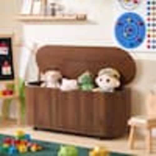 ATHMILE 43.31" Walnut Fluted Storage Chest with Wheels, Flip Top Safety Hinge Storage Trunk, Rounded Oval Wooden Storage Bench DWL-G9133H110-C