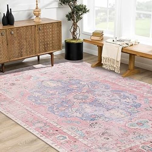 Area Rug 6x9 - Vintage Honeycomb Non Slip Backing Carpet - Ocean Pink Mixed Softer Thicker Faux Wool Rug - Foldable & Machine Washable Rugs for Living Room Bedroom Dining Room Home Office