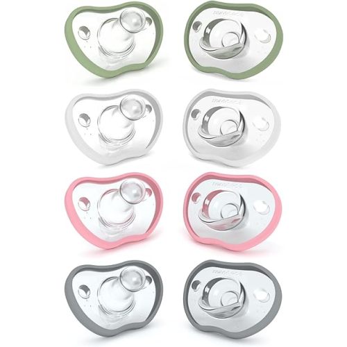 Nanobebe Baby Pacifiers 0-3 Month - Orthodontic, Curves Comfortably with Face Contour, Award Winning for Breastfeeding Babies, 100% Silicone, Baby Registry Gift 8pk, Pink/Grey/Sage/White