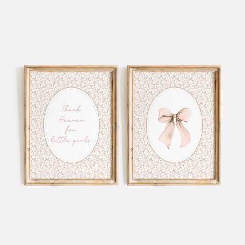 Cottagecore Nursery Wall Art Set, Farmhouse Prints, Baby Girl Room Floral Pastel Decor, Thank Heaven for Little Girls, Pink Bow Gallery Wall