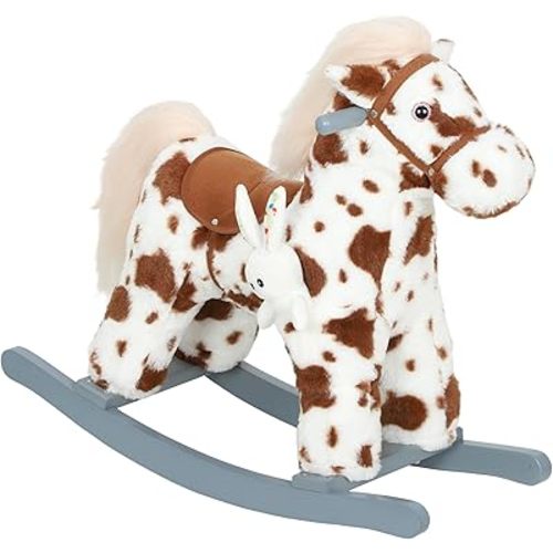 Qaba Rocking Horse, Horse Rocker with Rabbit Toy and Realistic Sound for Toddlers 2–5 Years, Soft Filling Ride on Pony, Brown
