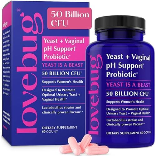 Lovebug Yeast + Vaginal pH Support | Clinically Studied Ingredients for Yeast & UTIs | Multi Strain 50 Billion CFU | 60 Capsules