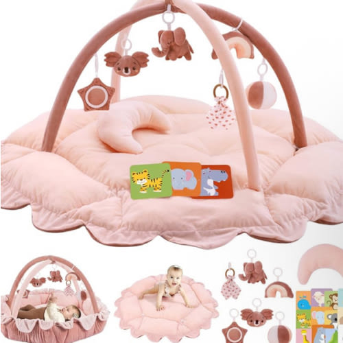 5-in-1 Plush Baby Play Gym, Baby Play Mats, Convertible Baby Gym with Pillow, Tummy time mat, 6 Sensory Toys, Baby Activity Center from Newborn to Toddler, Pet Bed, Cat & Dog Bed, Ball Pit, Pink