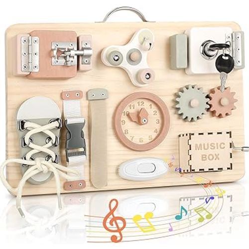 Joyreal Montessori Busy Board for Toddlers - Wooden Sensory Board Activity Board for Fine Motor Skills, Travel Baby Busy Board Sensory Toys for Kids