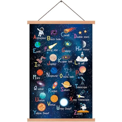 KAIRNE Outer Space Art Print With Wood Magnetic Poster Hanger Frame, Astronomy Alphabet Letters Canvas Wall Art,Abstract Universe Educational Poster,40X64CM Hanging Painting For Home Classroom Decor
