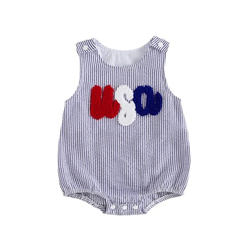 Twopumpkin Baby 4th of July Romper Striped Letter Embroidered Sleeveless Bodysuit Casual Infant Overalls for Boys Girls