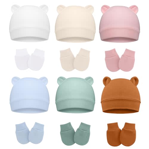 ZURLEFY Cotton Baby Hats and Mittens Set Unisex, Toddler No Scratch Mittens and Beanie Cap Infant Newborn Hospital Hat