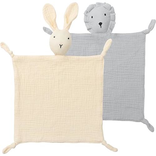Premium Soft Muslin Cotton Newborn Baby Loveys Security Blanket Muslin Soft & Breathable, Bunny & Lion Lovies for Baby New Born Boy Girl Unisex Baby Unique Neutral Presents for Babies Newborn Toddler