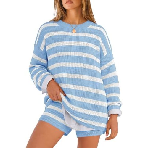 LOMON 2 Piece Matching Sets for Women Summer Striped Lounge Casual Pajamas