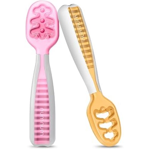 NumNum Baby Spoons Set, Baby Essentials Pre-Spoon GOOtensils for 6+ Months, First Stage Self-Feeding Spoons for Baby Led Weaning (BLW), Silicone Toddler Utensils, BPA-Free, 2 Pack Pink/Orange