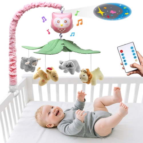SUMWE Baby Crib Mobile with Music and Lights for Boys Musical Mobile Animals for Crib Bassinet Girls Toys Hanging Portable Safari Nursery Decor Pink