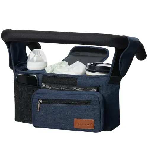Momcozy Universal Baby Stroller Organizer, 2 Insulated Cup Holder, Detachable Zippered Pocket, Adjustable Shoulder Strap, Large capacity for baby essentials, Compact Design Fits Any Strollers