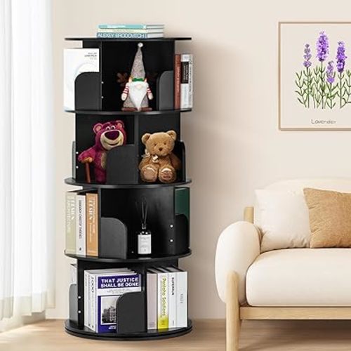 4 Tier Rotating Bookshelf Kids, Small Corner Bookshelf for Small Space, 360 Display Floor Standing Bookcase Storage Rack, Wood Narrow Book Shelf Organizer for Home Office,Bedroom, Living Room
