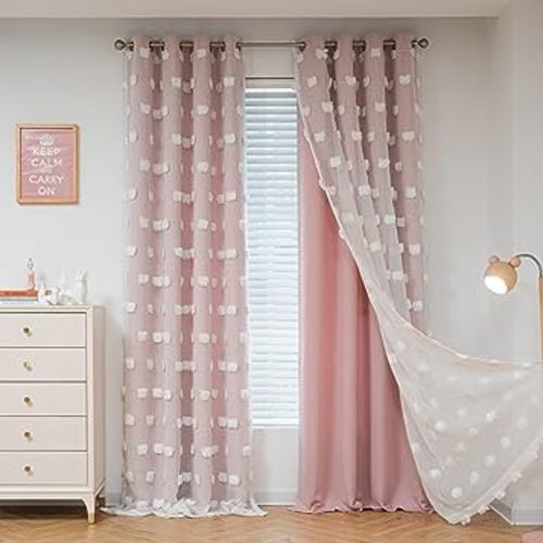 MYSKY HOME Pink Curtains for Bedroom 72 Inches Long Nursery Curtains Pom Pom White Sheer Curtains for Girls Room Double Layer for Toddler Bedroom Grommet Room Darkening Window Panels 52 x 72 Inch